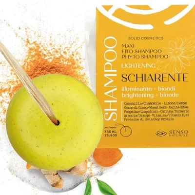Immagine di Senso Naturale Shampoo Solido Illuminante Schiarente Ecologico e Vegano per Capelli Spenti, Equilibratore Riflessi Dorati Luminosi con Camomilla, Curcuma, Limone, ph 4.5 5.5
