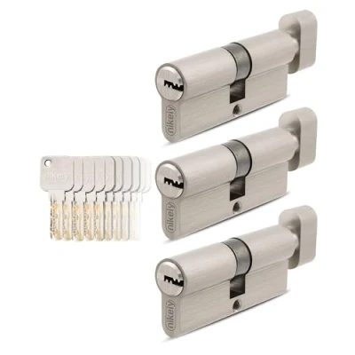 Immagine di GERCAR Pro Set di 3 cilindri a pomello 40/40 con chiusura simultanea pomello, 15 chiavi, serratura cilindro da 80 mm, lunghezza: A:40 B:40 ottone opaco massiccio