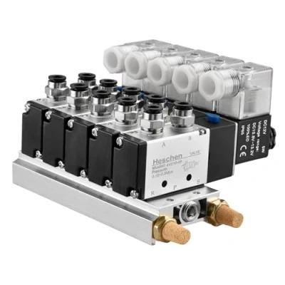Immagine di Heschen Elettrovalvola pneumatica elettrica 5 Elettrovalvola, 4V210 08, DC12V, PT1/4&#039;&#039;, vie 2 Posizione, Base Collettore Silenziatore Raccordi Rapidi Set