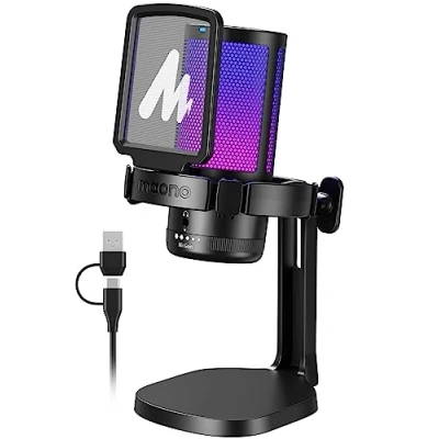 Immagine di MAONO Microfono Gaming RGB, a Condensatore con Cancellazione del Rumore per Streaming Podcast Studio, USB PS5/PS4/Mac Luce Disattivazione One Touch, Controllo Guadagno