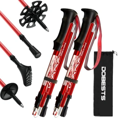 Immagine di DOBESTS Bastoni da trekking per nordic walking in alluminio e carbonio, con cuscinetto gomma extra borsa il trasporto, pieghevoli, leggeri, unisex (rosso di fascia alta)
