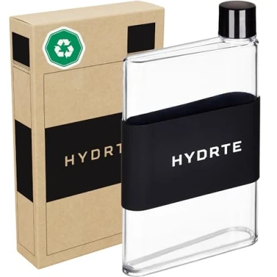 Immagine di Hydrte Borraccia piatta, a tenuta stagna, in plastica priva di BPA, perfetta per la borsa, si adatta qualsiasi borsa (480 ml, nero nero)