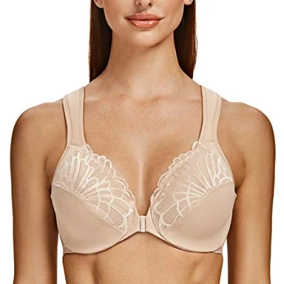 Immagine di MELENECA Donna Reggiseno Taglie Forti Pizzo Chiusura Anteriore Non Imbottito Cinghie Imbottite con Ferretto Beige Pallido 8H