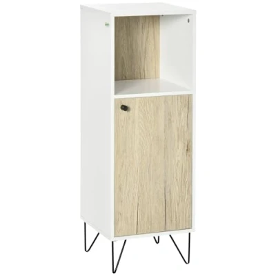 Immagine di kleankin Mobile Bagno con Ripiano Aperto e Armadietto Anta, Mobiletto Multiuso Salvaspazio in Legno, 31.5x30x91cm, Quercia Bianco
