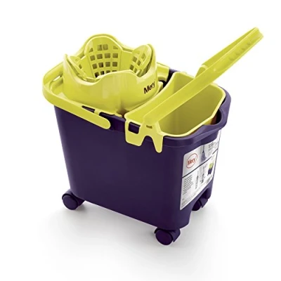 Immagine di Mery Cubo Strizzatore Automatico con Sistema a Molla, 4 Ruote Girevoli, e Canalizzazione per Lo Scolo, Adatto Tutti i Mop, Viola Giallo, 14 L