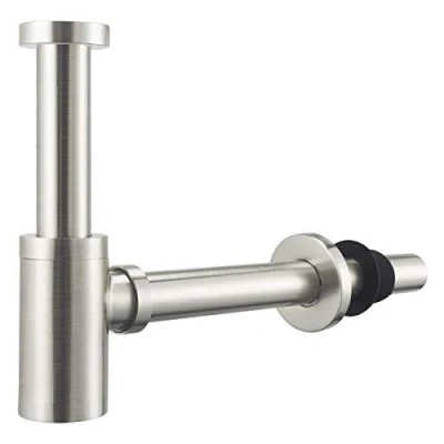 Immagine di Keymark Sifone universale in ottone per lavabo e lavandino, 1 1/4 x 32 mm, con scarico su misura, antiodore, rotondo, colore: nichel spazzolato