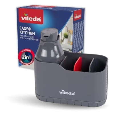 Immagine di Vileda organizer per lavello con dispenser detersivo in plastica, supporto spugna da cucina, lavastoviglie di sapone spugne e spazzole durevole antiruggine
