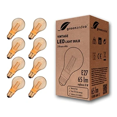 Immagine di greenandco 8x lampadina a LED di design vintage in stile retrò E27 A60 2W 65lm 1800K 320 230V, ambra, nessun sfarfallio, non dimmerabile