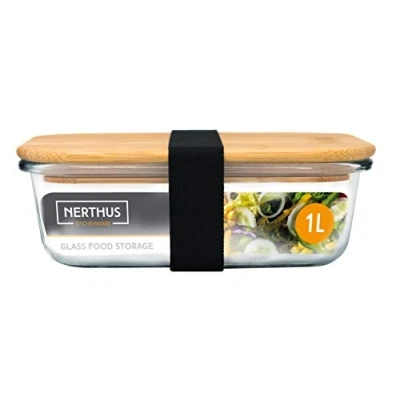 Immagine di NERTHUS FIH 722 Contenitore ermetico in Vetro con Coperchio bambù, 1000 ml, Borescente, Bambú