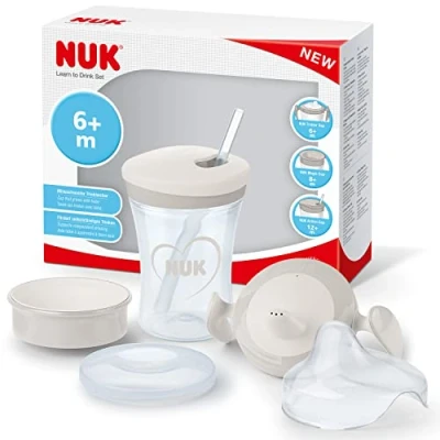 Immagine di NUK 3 in 1 Set per imparare a bere con Trainer Cup Bicchiere Antigoccia (6+ mesi), Magic 360 Tazza (8+ mesi) e Action Bambini (12+ 230 ml Senza BPA Bianco (cuori)