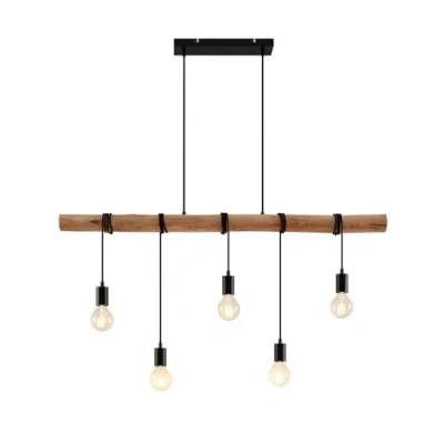 Immagine di Lindby Lampadario vintage in legno e metallo nero, adatto per 5 lampadine E27, trave rustica vera corda, lampada a sospensione retrò cucina, taverna, sala da pranzo, bancone bar ristorante
