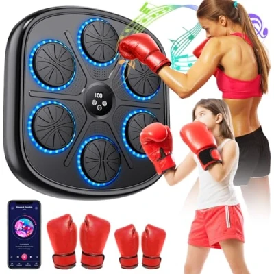 Immagine di Music Boxing Machine, LED Macchina da Boxe Musicale con Guanti, 9 velocità Regolabili, Conteggio Automatico, CSupporta Bluetooth, Elettronico Parete per Adulti e Bambini