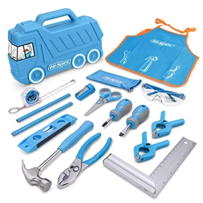 Immagine di Hi Spec Kit di Attrezzi da 17 Pezzi Bambini Con Cassetta Degli Blu a Forma Camion, Grembiulino Tasche, Occhiali Sicurezza, Livella, Forbici Sicure Del Set Strumenti Educativi