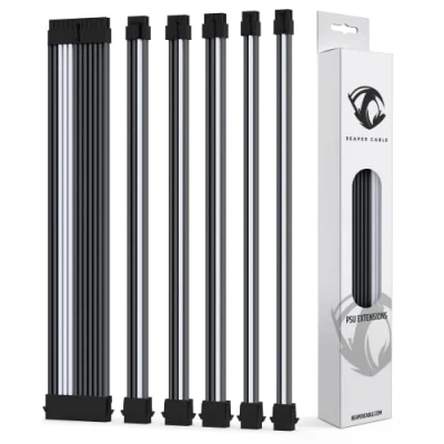 Immagine di Reaper Cable Sleeved PSU Extension Set Power Supply Extensions 1x 24 Pin/ 2x 8 6 4+4 Pin With Combs 30cm (Carbon &amp; White)