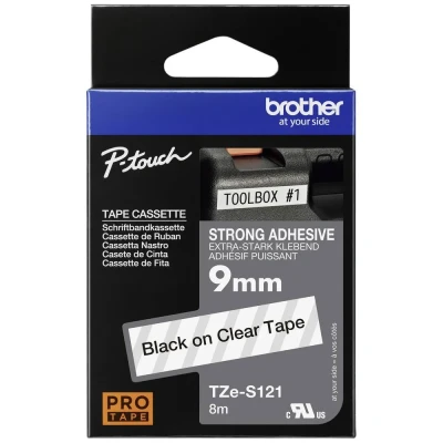 Immagine di Brother TZe S121 Nastro con adesivo extra resistente Colore Nastro: Trasparente carattere: Nero 9 mm 8 m