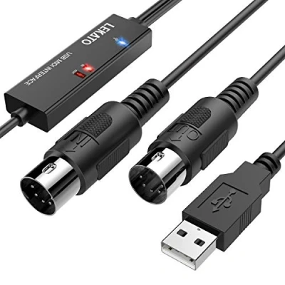 Immagine di LEKATO Cavo MIDI, adattatore MIDI USB con indicatore luminoso Interfaccia a 5 pin Convertitore ingresso uscita da 6,5 piedi tastiera PC/Mac/laptop