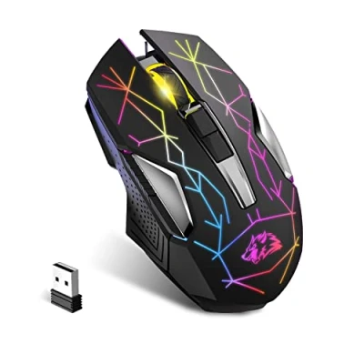 Immagine di KUIYN X18 Mouse da Gioco Wireless 2.4G Ricaricabile 600mAh Ultra Lunga Durata di Vita 7 Colori RGB, 2400 DPI, Risparmio Silenzioso Click Ricevitore USB per PC/Mac/PS4/Xbox (Nero stellato)