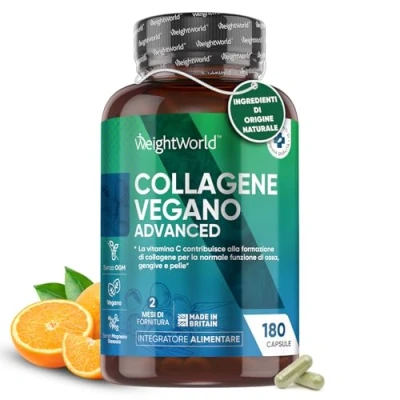 Immagine di Collagene Vegano WeightWorld 180 Capsule con Vitamina C, E, Zinco, e Acido Ialuronico Lactobacillus Acidophilus, Integratore Senza Glutine, Complex