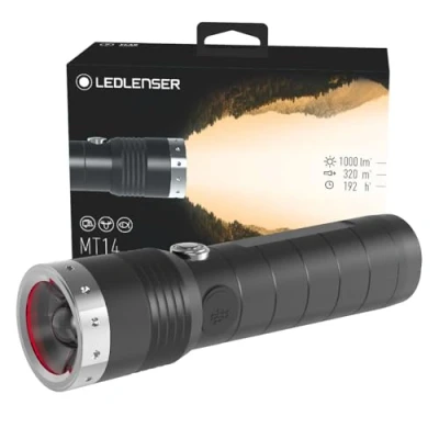 Immagine di Ledlenser MT14 Torcia tascabile LED da outdoor, batteria al litio 26650 ricaricabile, 1000 lumen,, portata luminosa di 320m, autonomia fino a 192 ore, interruttore frontale, uso unamano