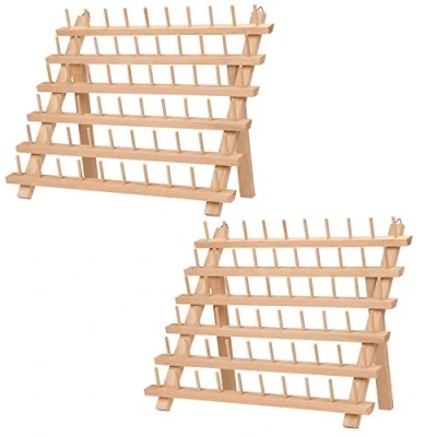 Immagine di Kurtzy 60 Porta Rocchetti di Filo in Legno (2pz) Fili Cucito con Ganci da Appendere a Parete, Muro o Piedi Spolette Faggio Bobine per Ricamo e