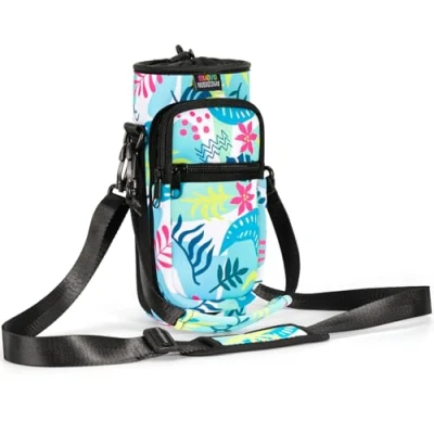 Immagine di Nuovoware Borsa per Borraccia in Neoprene da 750ml, Custodia Bottiglia con Tracolla Regolabile Maniglia e Tasche Portatile Porta Ciclismo, Campeggio Foglie Colorate