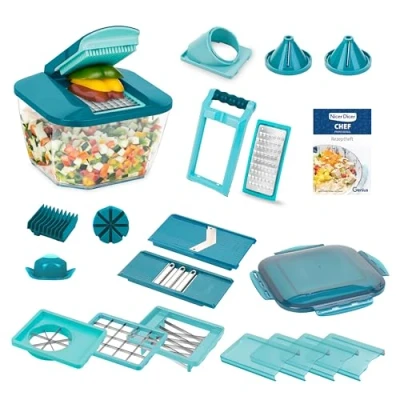 Immagine di Nicer Dicer Chef Professional affettatrice per verdure, 23 pezzi, manuale con contenitore grande da 5,2 l, coperchio salvafreschezza, inserti a spirale, taglia pomodori, julienne,