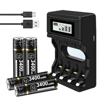 Immagine di Batteria AA ricaricabile con caricabatterie, 4 batterie da 3000 mWh ricaricabili 1,5 V display LCD, caricabatterie rapido, slot per agli ioni di litio Mignon AA, Micro AAA