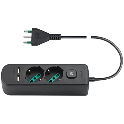 Immagine di Vimar 0R00625.CC Presa multipla con interruttore e cavo da 1,5 m, 2 universale standard italiano, uscite SICURY USB A, spina nero