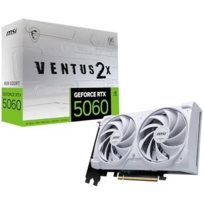 Immagine di MSI NVIDIA GeForce RTX 5060 8G Ventus 2X OC White Scheda Grafica Gaming GDDR7 128 bit, frequenza boost fino a 2535 MHz, PCIe Gen 5, DLSS 4, 3x DP 2.1, 1x HDMI compatibile con case SFF