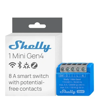 Immagine di Shelly 1 Mini Gen4, interruttore relè intelligente WLAN, canale, 8 A, contatto senza potenziali, automazione domestica, controllo remoto, nessun hub necessario, Alexa, Google Home, Apple HomeKit