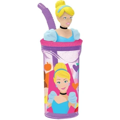 Immagine di Disney Bicchiere viola per bambine in plastica Principesse Cenerentola Rapunzel Belle Ariel Bella addormentata 360 ml con cannuccia e figura 3D del personaggio