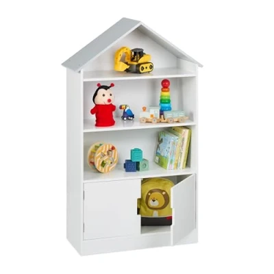 Immagine di Relaxdays Scaffale Portagiochi, Libreria 4 Scomparti in MDF, Porta Libri e Giocattoli, HLP: 115x68x28 cm, Bianco Grigio, Fibra di Legno