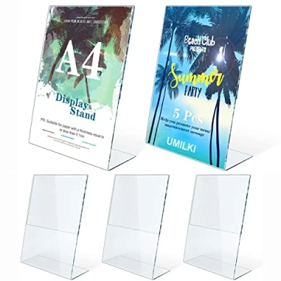 Immagine di UMILKI 5 Pezzi Espositore Plexiglass A4, da Tavolo A4 con Base a L, Porta Menu in Acrilico, Avvisi per Menu, Foto, Prezzi, Poster, Trasparente