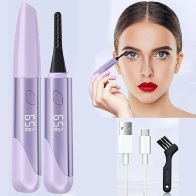 Immagine di piegaciglia elettrico, ricaricabile tramite USB, 15 s, riscaldamento rapido, controllo della temperatura a 4 marce, con display LED, mini per donne e ragazze (viola)