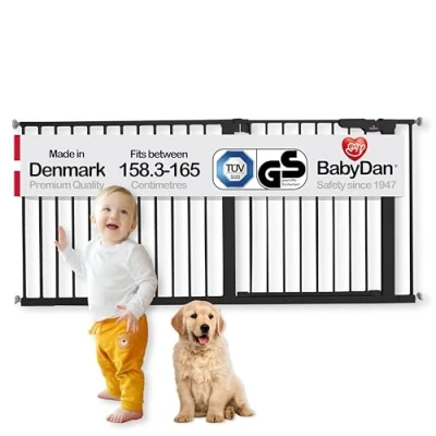 Immagine di BabyDan Premier, cancello per scale extra largo, a pressione, copre aperture tra 158,3 165 cm, di sicurezza, in metallo, nero, prodotto Danimarca (cancello animali