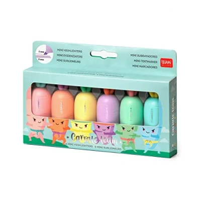 Immagine di Legami HC0001 Set di 6 Mini Evidenziatori, Carrate Team, Evidenziatori a Forma Carota, Inchiostri Base d&#039;Acqua, per Tratti Fini e Spessi, Colori Pastello, Asciugatura Rapida
