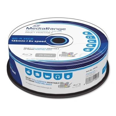 Immagine di MediaRange BD R Confezione da 25 cacebox GB a 6 velocità di Scrittura, stampabili su Tutta la Superficie (Stampante Getto d&#039;inchiostro)