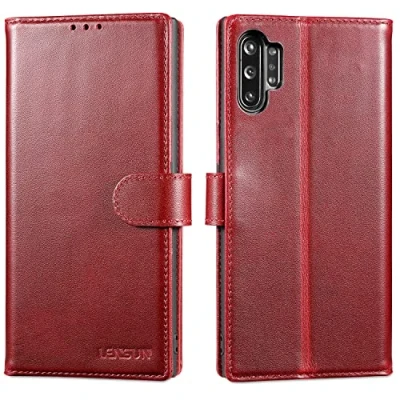 Immagine di Lensun Cover per Samsung Galaxy Note 10 Plus, Custodia Vera Pelle [RFID Blocking] Libro Portafoglio Chiusura Magnetico Flip Custodie Cuoio Plus/Note 10+ 5GVino rosso