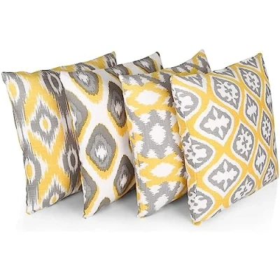 Immagine di Penguin Home Set di 4 federe per cuscini 45 cm x quadrati double face 100% cotone e con cerniera invisibile soggiorno, divano, 18x18 pollici (Giallo/Bianco/Grigio)