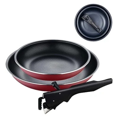 Immagine di BERGNER Click&amp;Cook Red Edition Set di padelle da 3 pezzi 22 e 26 cm + manico ergonomico rimovibile alluminio pressato antiaderente per tutti i tipi cucine forno