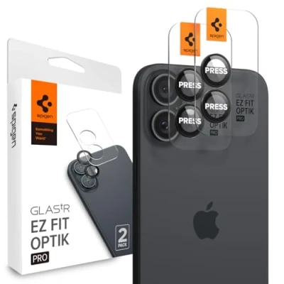 Immagine di Spigen Glas.tR EZ Fit Optik Pro Protezione Fotocamera compatibile con iPhone 16, 16 Plus, 2 Pezzi, Nero, Anello Individuale, Durezza 9H Pellicola