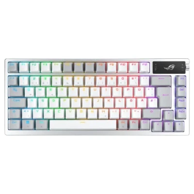 Immagine di ASUS ROG Azoth White RGB Gaming tastiera (layout QWERTZ, fattore di forma della 75%, switch meccanici NX, display OLED, wireless con Bluetooth, 2,4 GHz RF, USB, Windows e modalità MacOS,