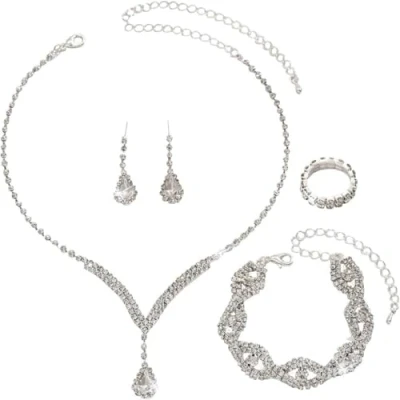 Immagine di FDEETY Gioielleria Parures per Donne con Zirconi Cubici Collana Ciondolo in Strass Orecchini Bracciali Set la Sposa Zirconia Damigella D&#039;onore Gioielleria(Bianco)