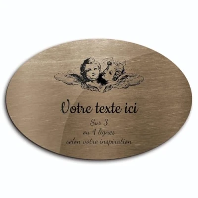 Immagine di Targhetta con scritta &quot;Due teste d&#039;angelo&quot; autoadesiva, modello ovale (20 x 13 cm) personalizzata da 1 a 3 linee, bronzo