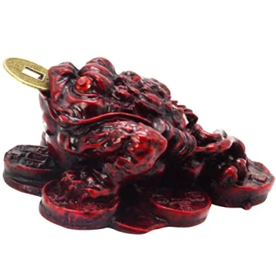 Immagine di Feng Shui Statuetta di rana portafortuna cinese, braccialetto in corda omaggio D1137, colore: Rosso