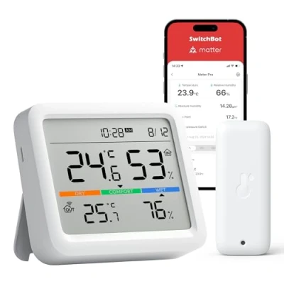 Immagine di SwitchBot Stazione Meteo Bluetooth, Monitor Temperatura/Umidità con Data e Previsione del Tempo(SwitchBot Hub Richiesto), Termometro Igrometro, Esportazione Gratuita di Dati