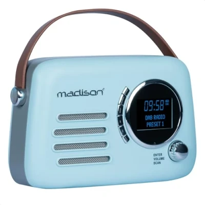 Immagine di Madison FREESOUND VR30BL DAB Radio DAB+ vintage a batteria lunga DAB+, FM, Bluetooth e USB Subwoofer posteriore Blu opaco Vintage, nostalgico, retrò