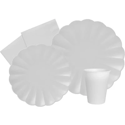 Immagine di Kit Party Tavola Flower Shape per 24 persone (112 pezzi: piatti Ø23cm, Ø18cm, bicchieri 200ml, 40 tovaglioli 33x33cm) in carta compostabile eco friendly, bianco