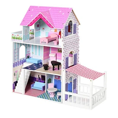 Immagine di HOMCOM Casa delle Bambole in Legno, Casetta per Bambini a 3 Piani con 13 Accessori, Giocattolo 3+ Anni