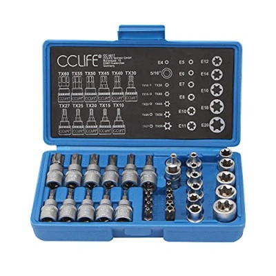 Immagine di CCLIFE Set di 34 Chiavi a Bussola Torx E4 E20 T10 T60 Femmina e Maschio Inserti per Chiave Bussole con Punta